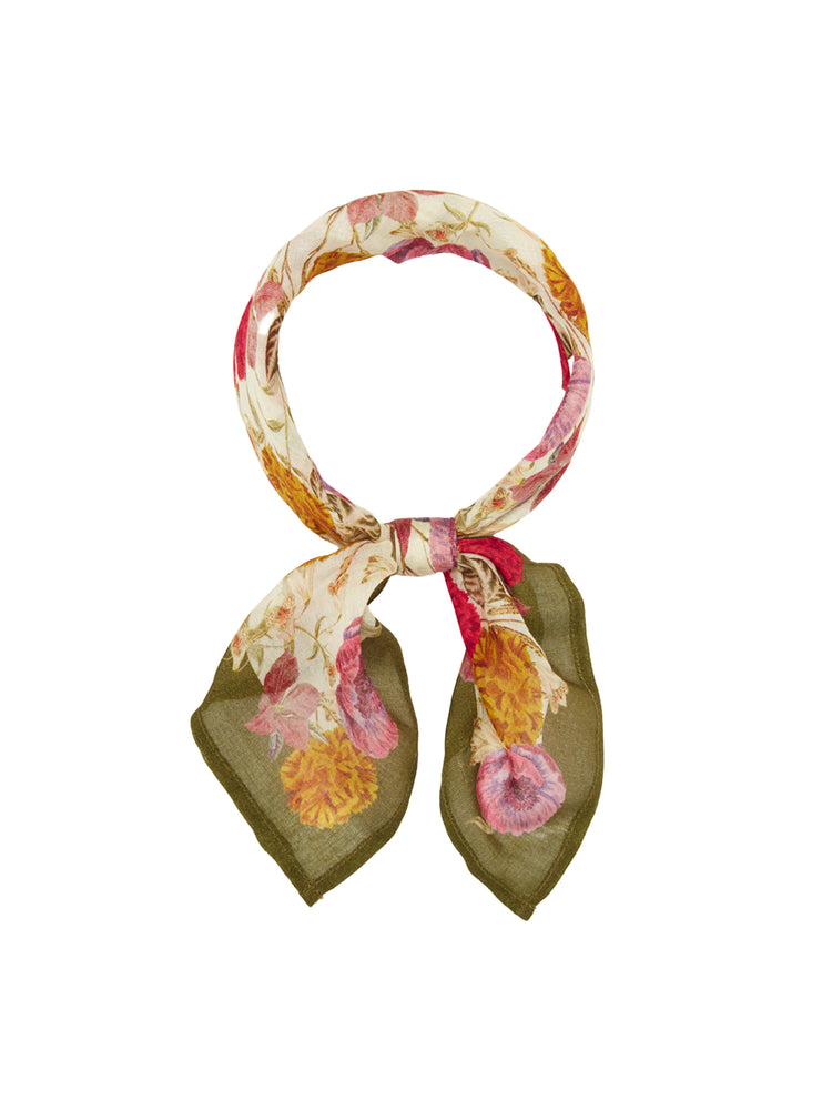 Cream bandana with pink, orange, yellow floral print, tied in a knot, displaying olive green undersides on the ends.