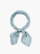 Light blue bandana with off-white embroidered paisley pattern and small dark green and pink flowers.