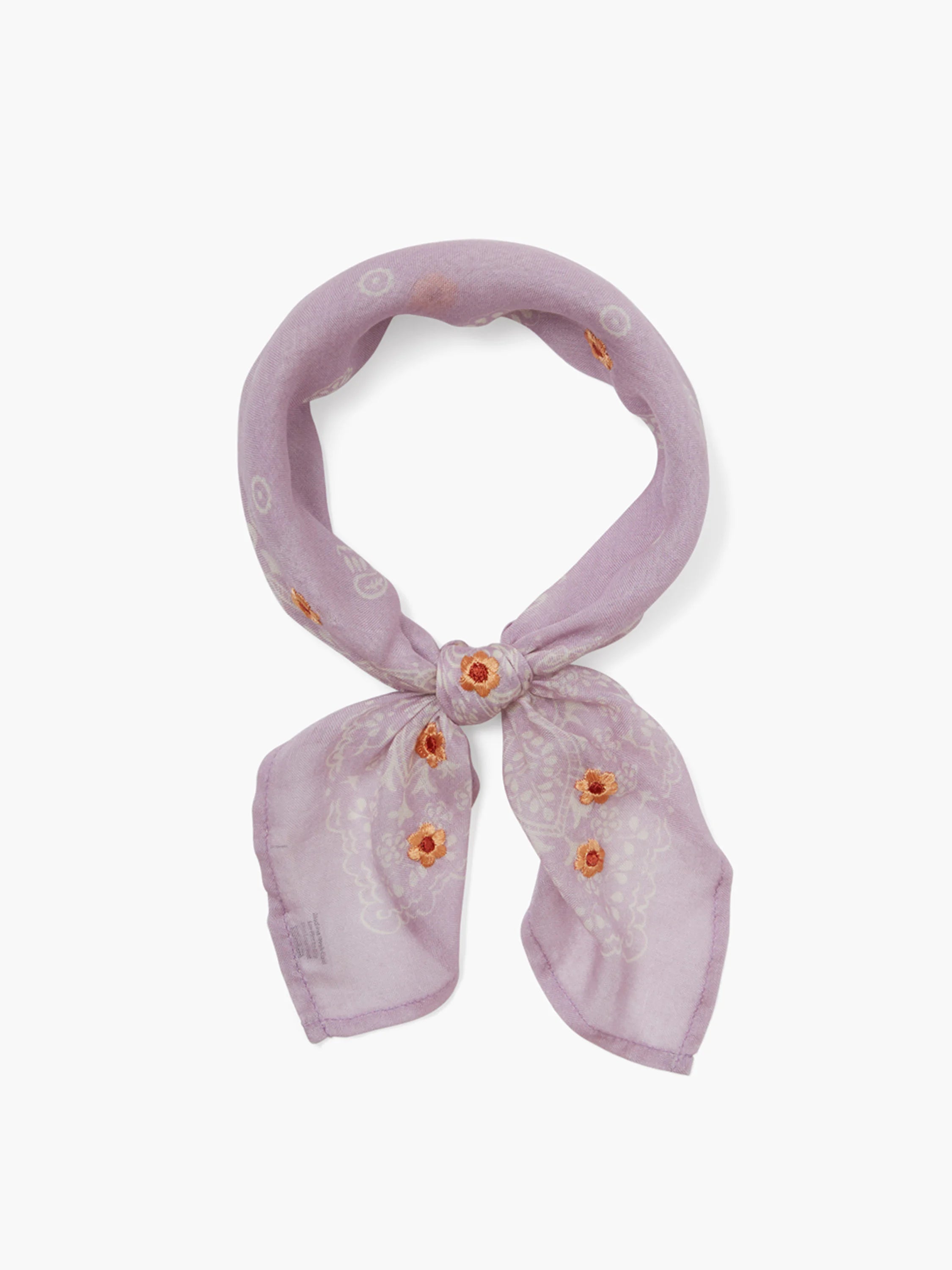 Lavender bandana with orange and white floral embroidery.