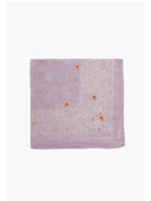 Lavender bandana with off-white paisley print & small orange embroidered flowers.