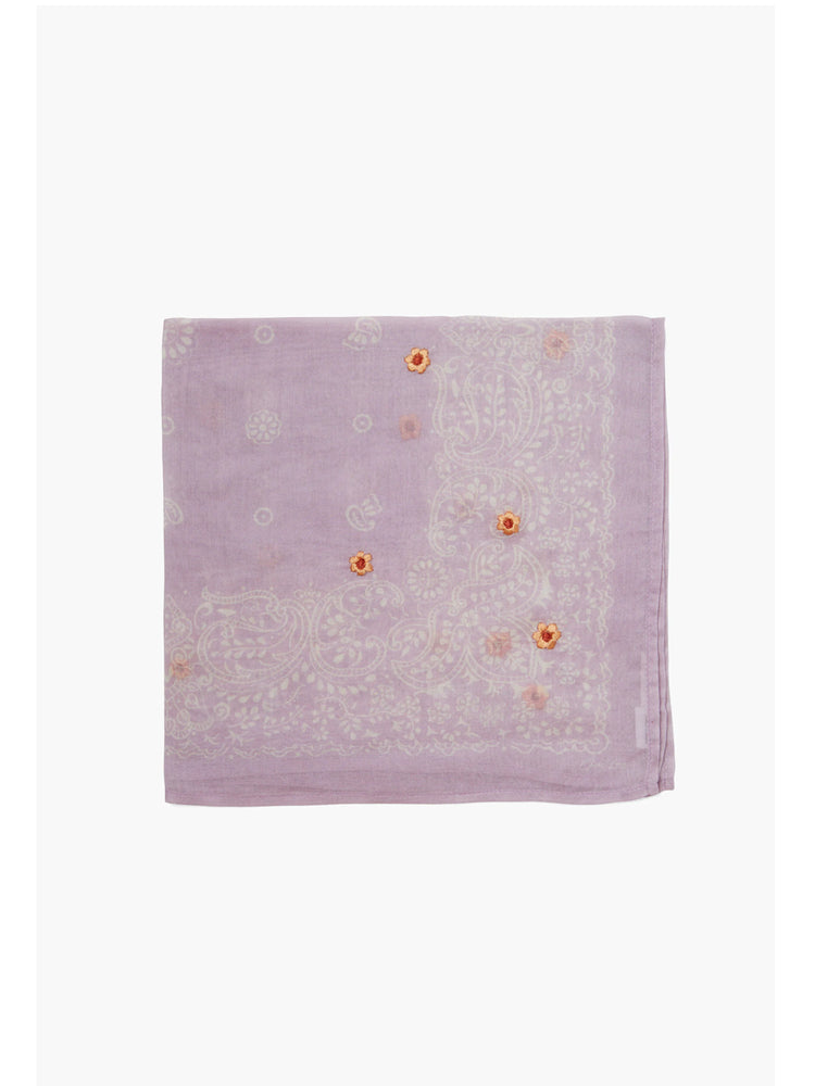 Lavender bandana with off-white paisley print & small orange embroidered flowers.