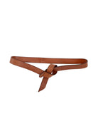 Thin brown leather belt with a central knot; no buckle.