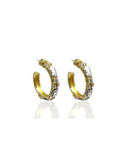 Gold hoop earrings with textured surface, featuring irregular silver-toned shapes and small clear stones.