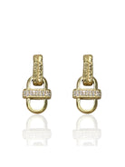 Pair of gold dangle earrings. Each has a textured bar, linked to a D-shape, then a stone-set band, and another D-shape.