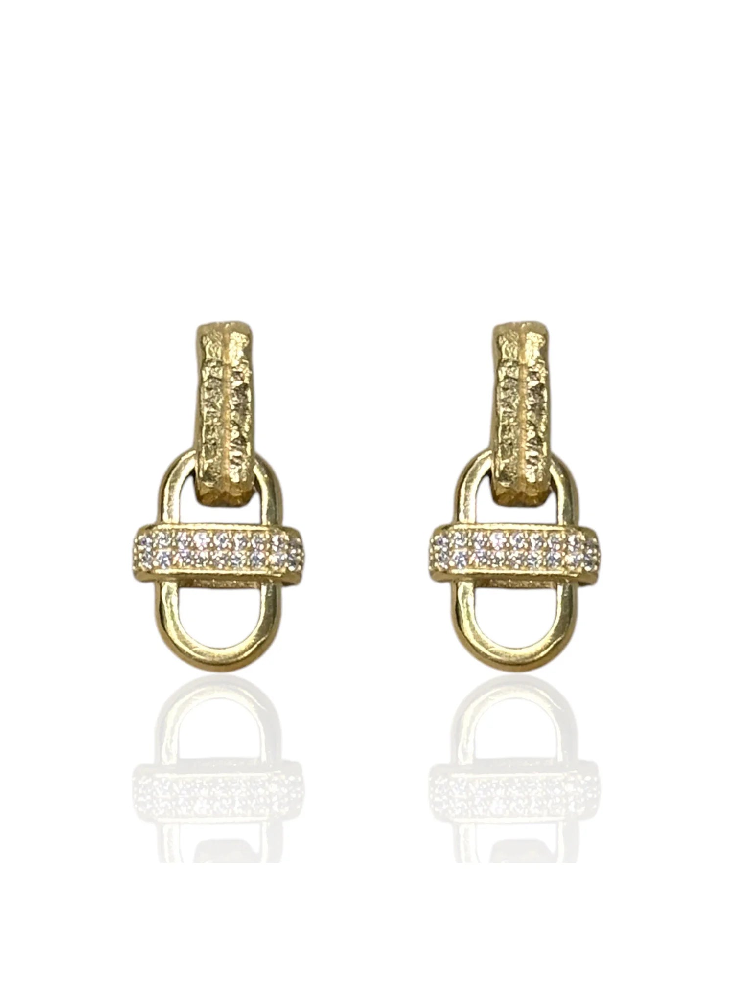 Pair of gold dangle earrings. Each has a textured bar, linked to a D-shape, then a stone-set band, and another D-shape.