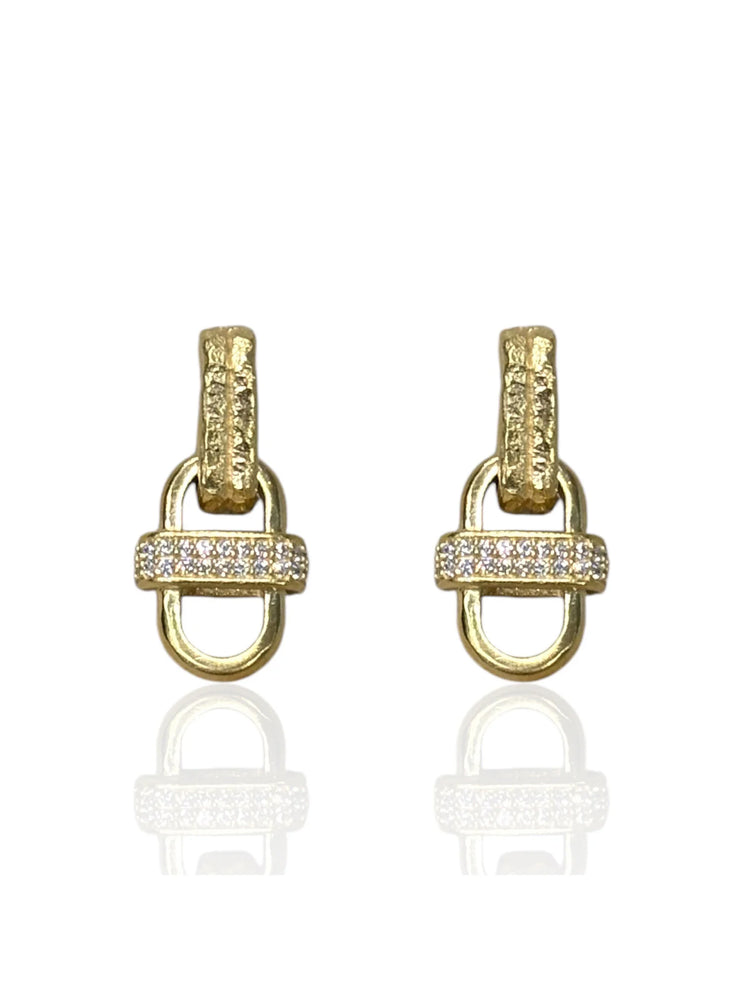 Pair of gold dangle earrings. Each has a textured bar, linked to a D-shape, then a stone-set band, and another D-shape.