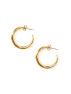 Two thick, shiny gold open hoop earrings with post backs.