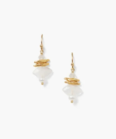 A pair of gold dangle earrings with stacked white moonstone, textured gold pieces, and a pearl drop.