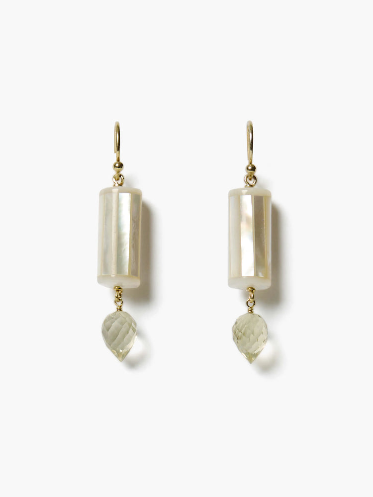 Gold hook earrings with iridescent white mother-of-pearl cylinders and pale green faceted teardrop gems.