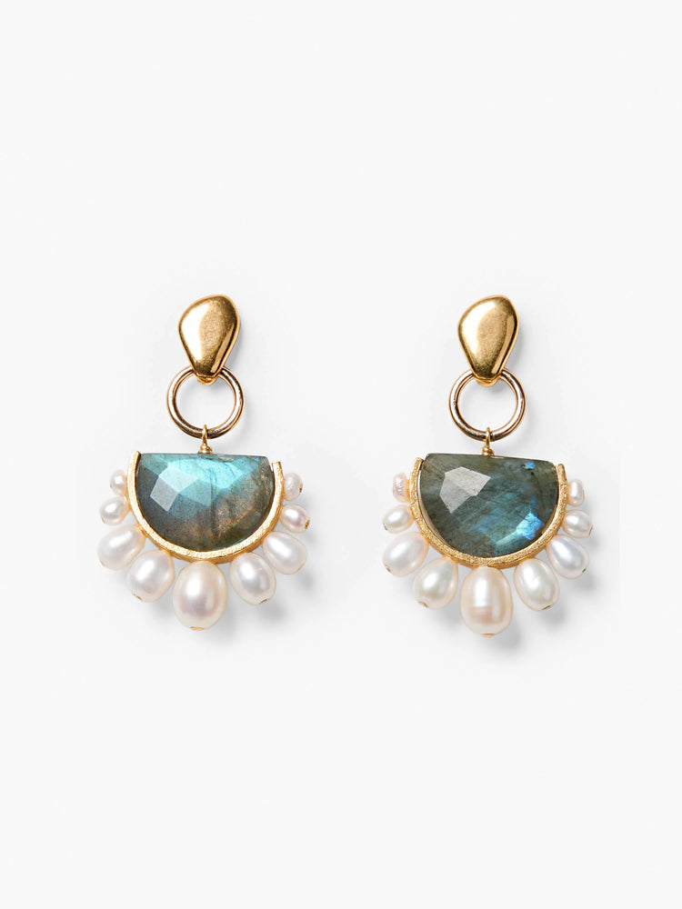 Gold earrings with semi-circular iridescent blue-green labradorite and a fan of cream baroque pearls.