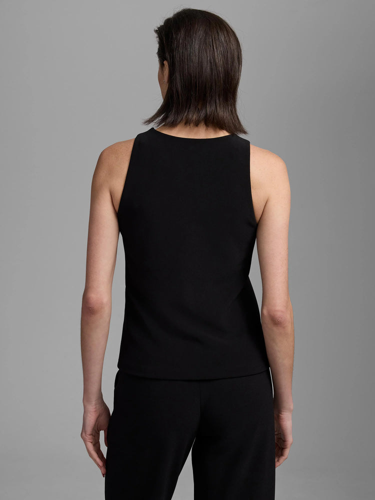 Black knit high-neck tank with wide shoulder straps, shown from the back.