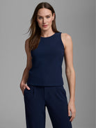 Deep navy knit scuba high neck sleeveless tank top.