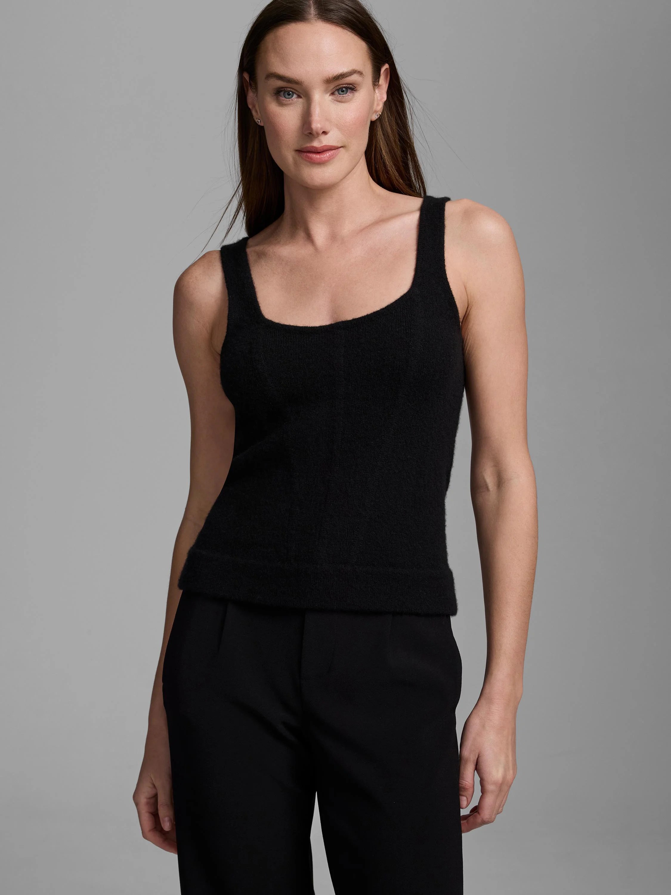 Black, fuzzy cashmere tank with a square neckline, thick straps, and a fitted silhouette.