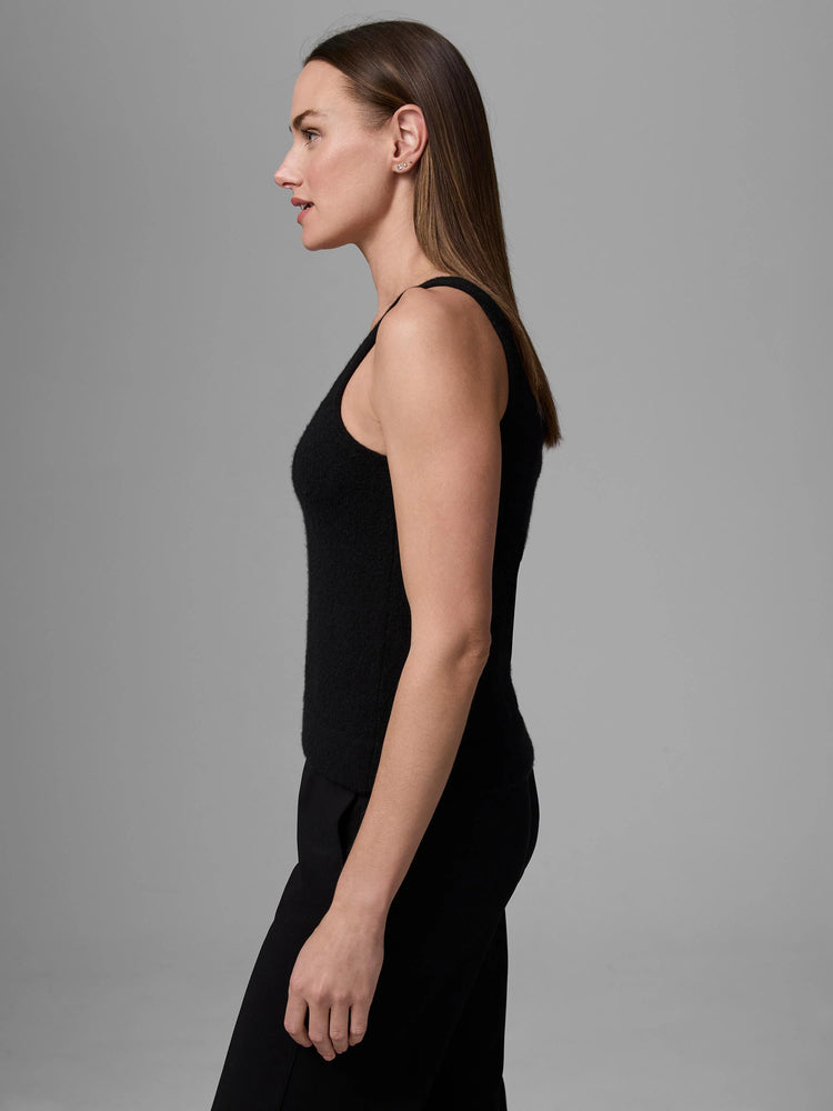 Black, fitted cashmere tank top, sleeveless with a soft, fuzzy texture.
