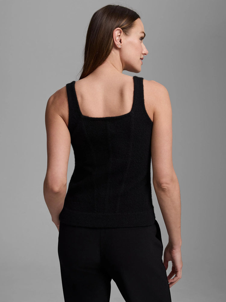 Black cashmere tank with square back, wide straps, and fuzzy knit texture.