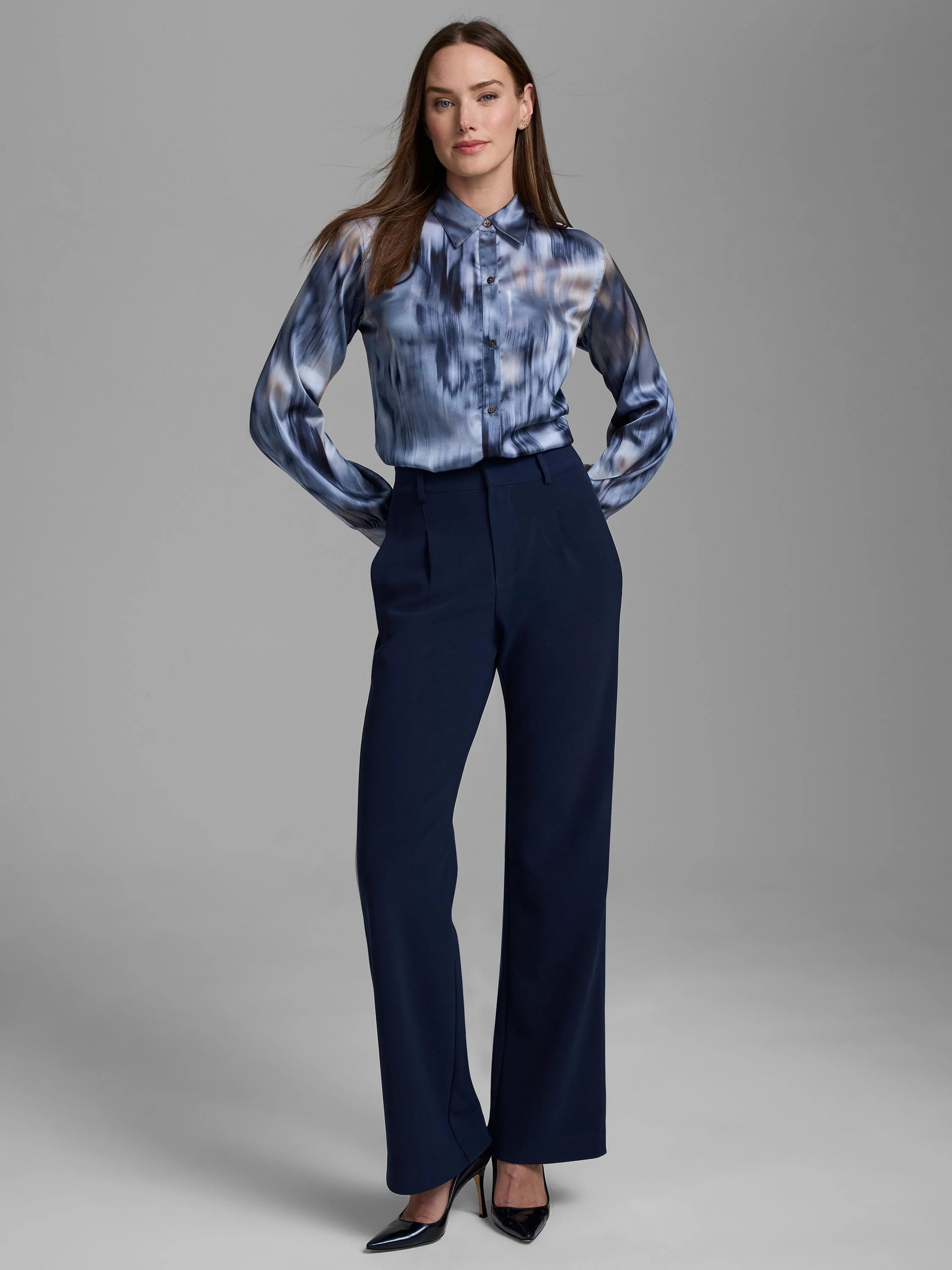 Blue, gray, and taupe abstract patterned silk shirt with a button-down front and long sleeves.