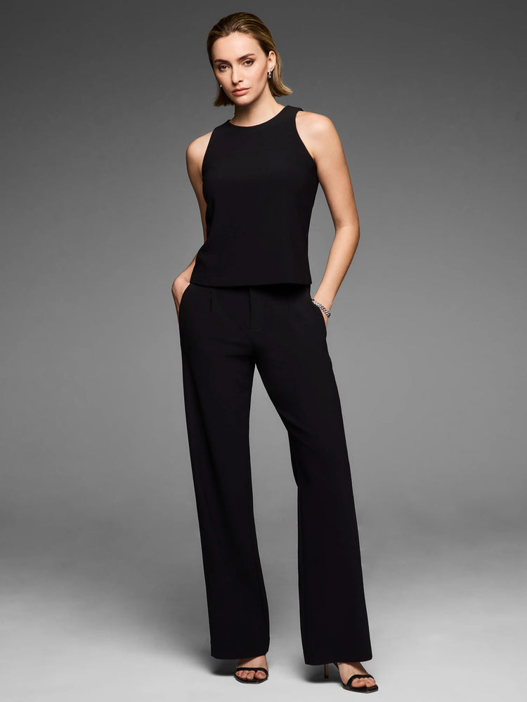 Black knit scuba tank with a high neck and sleeveless design.