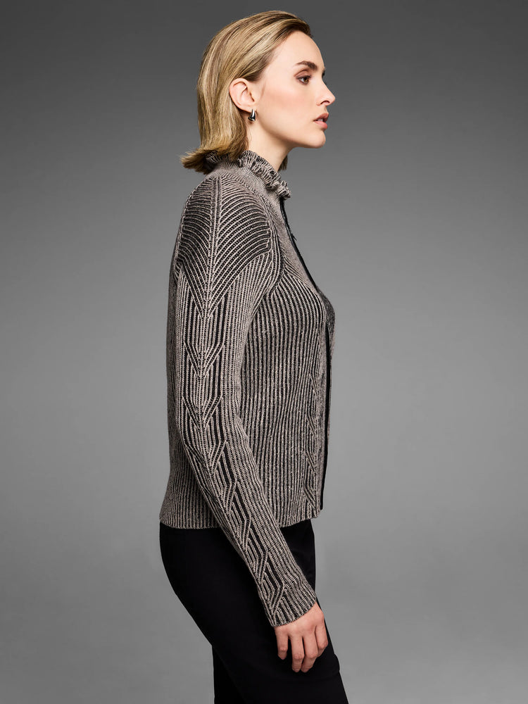 Engineered knit zip cardigan in beige and dark gray, featuring vertical stripes and chevron patterns, ruffled collar.