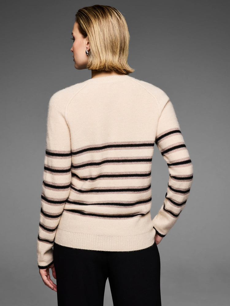Beige knit sweater with black & taupe horizontal stripes and small visible sparkles throughout.