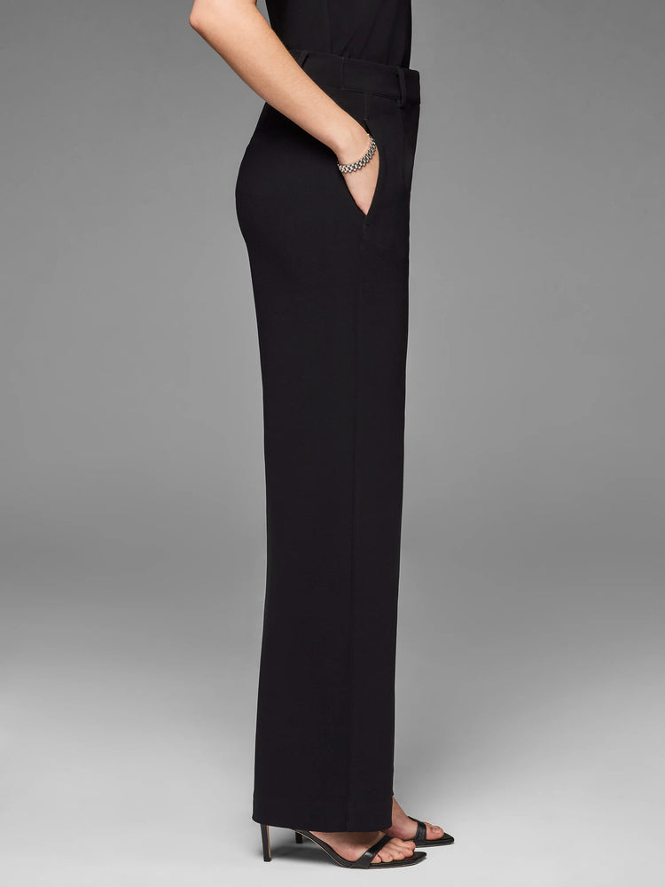 Black knit scuba wide-leg trousers, shown full-length on a model from the side, reaching the floor.