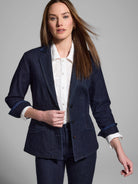 Dark wash denim blazer with gold ribbon trim on the sleeves and lapel.  Three dark buttons.