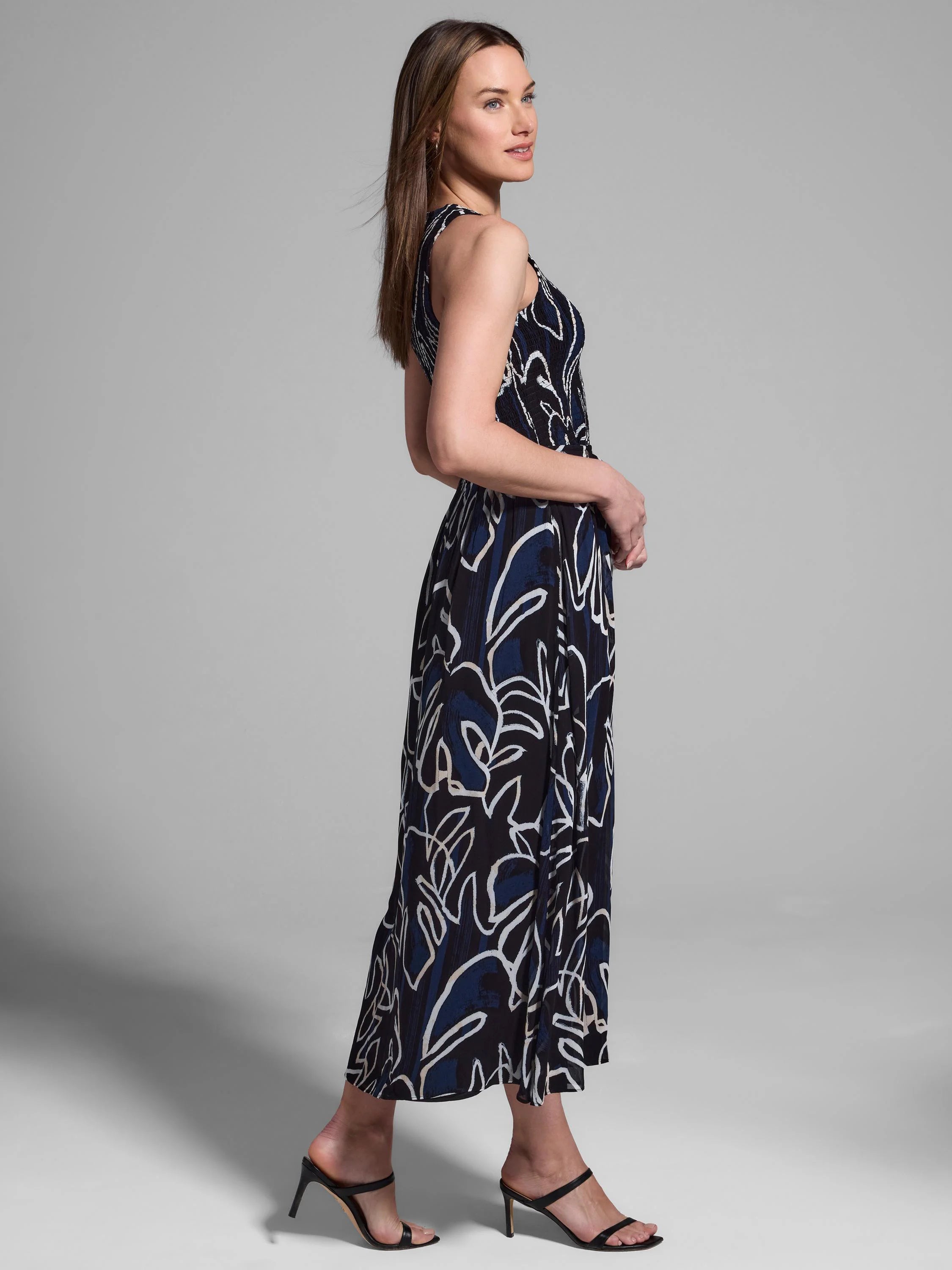 Midi dress, dark navy & black abstract print on chiffon, sleeveless, halter neck.