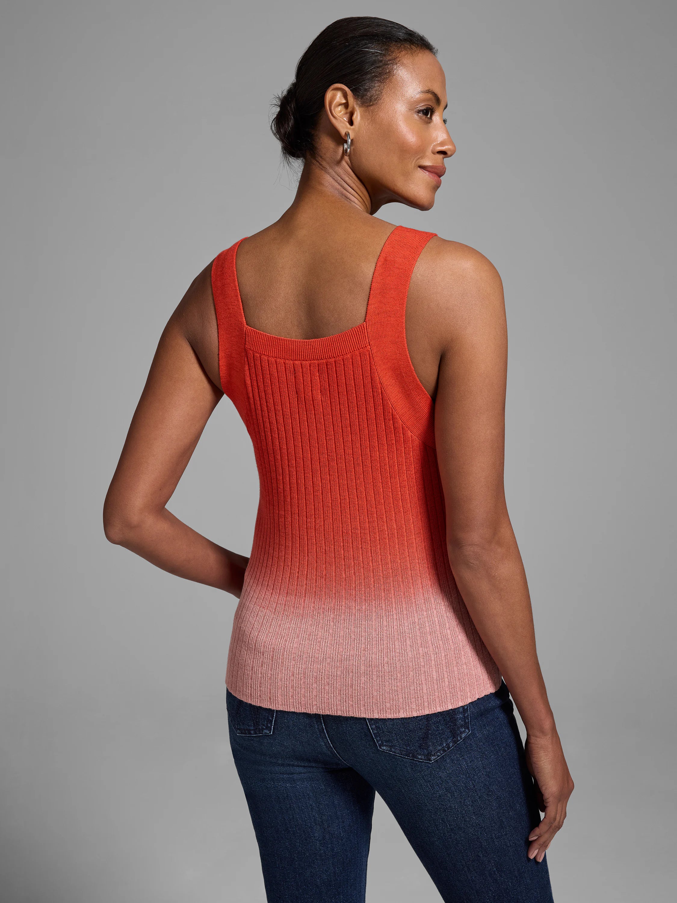 Here's alt text under 125 characters:

Red ribbed knit tank top, ombre fading to light pink at the hem. Square neckline,...