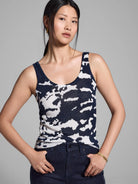 Navy blue and white patterned ribbed tank top.  Sleeveless, scoop neck.