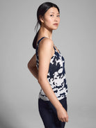 Navy and white abstract print ribbed knit tank top.  Sleeveless.