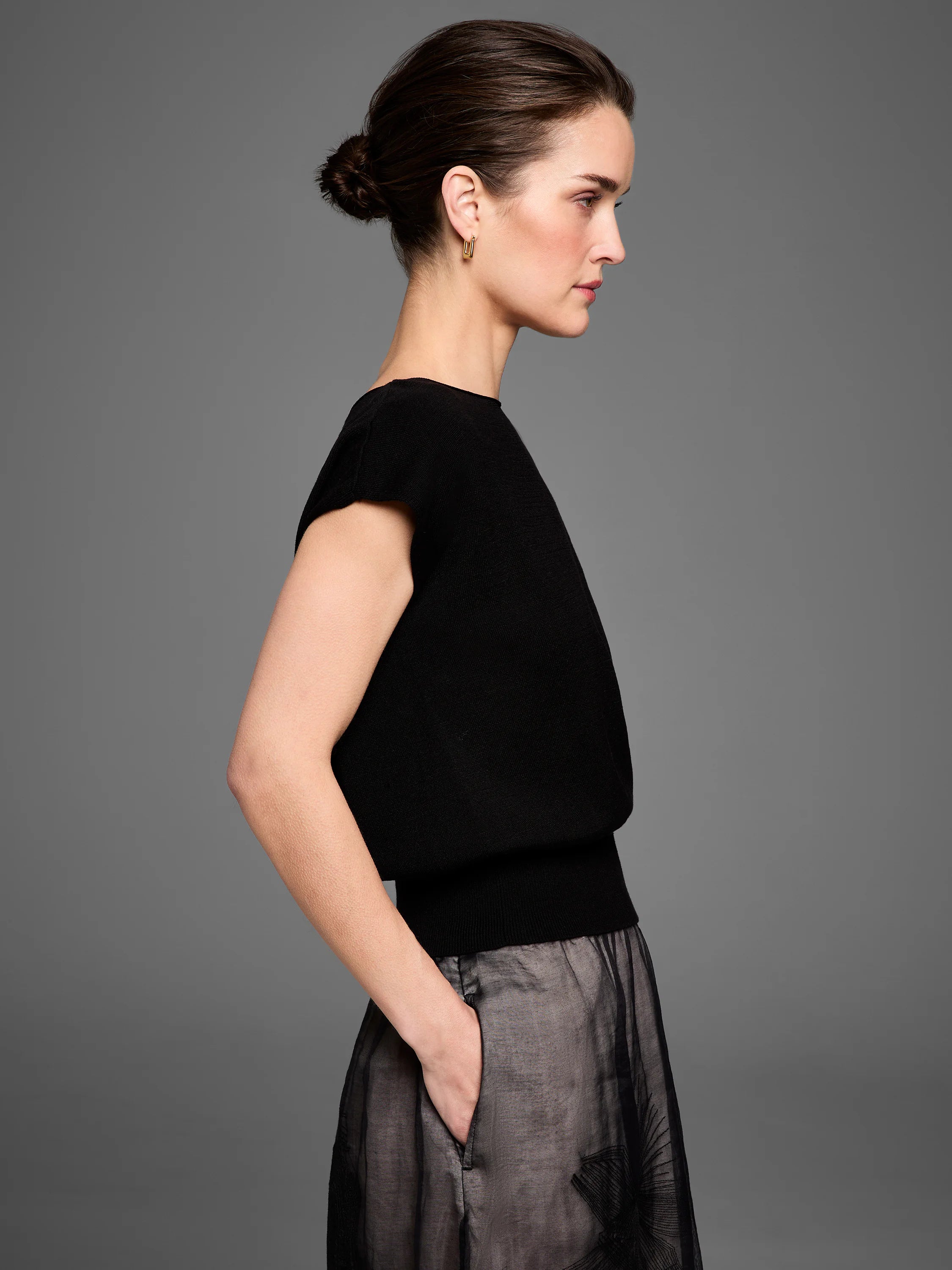 Black Perfect Pairing Sweater: short sleeves, wide neckline, relaxed body, ribbed waistband.