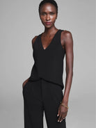 Black V-neck tank top. Smooth, structured fabric with a deep V-neckline.