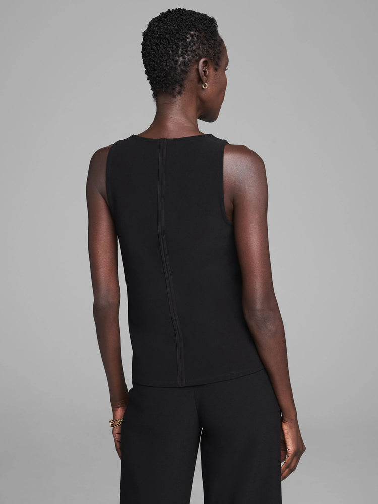 Black sleeveless knit scuba tank top with a subtle center back seam.