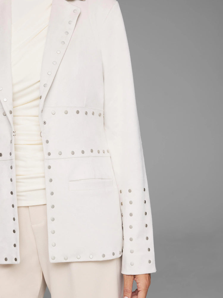 Off-white blazer with silver studs on lapels, front, flap pockets, and sleeves.
