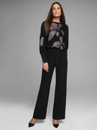 Black knit sweater with metallic gold floral pattern.  Long sleeves, crew neck.