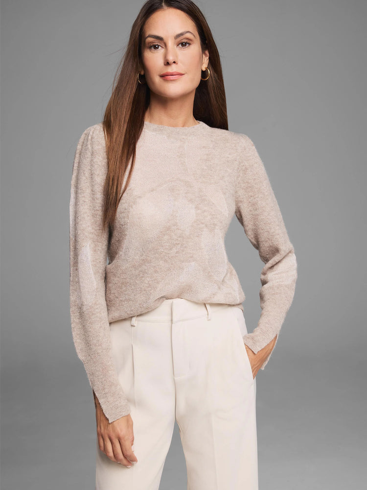 Light beige lace knit floral sweater with a subtle floral pattern, crew neck, and long sleeves.
