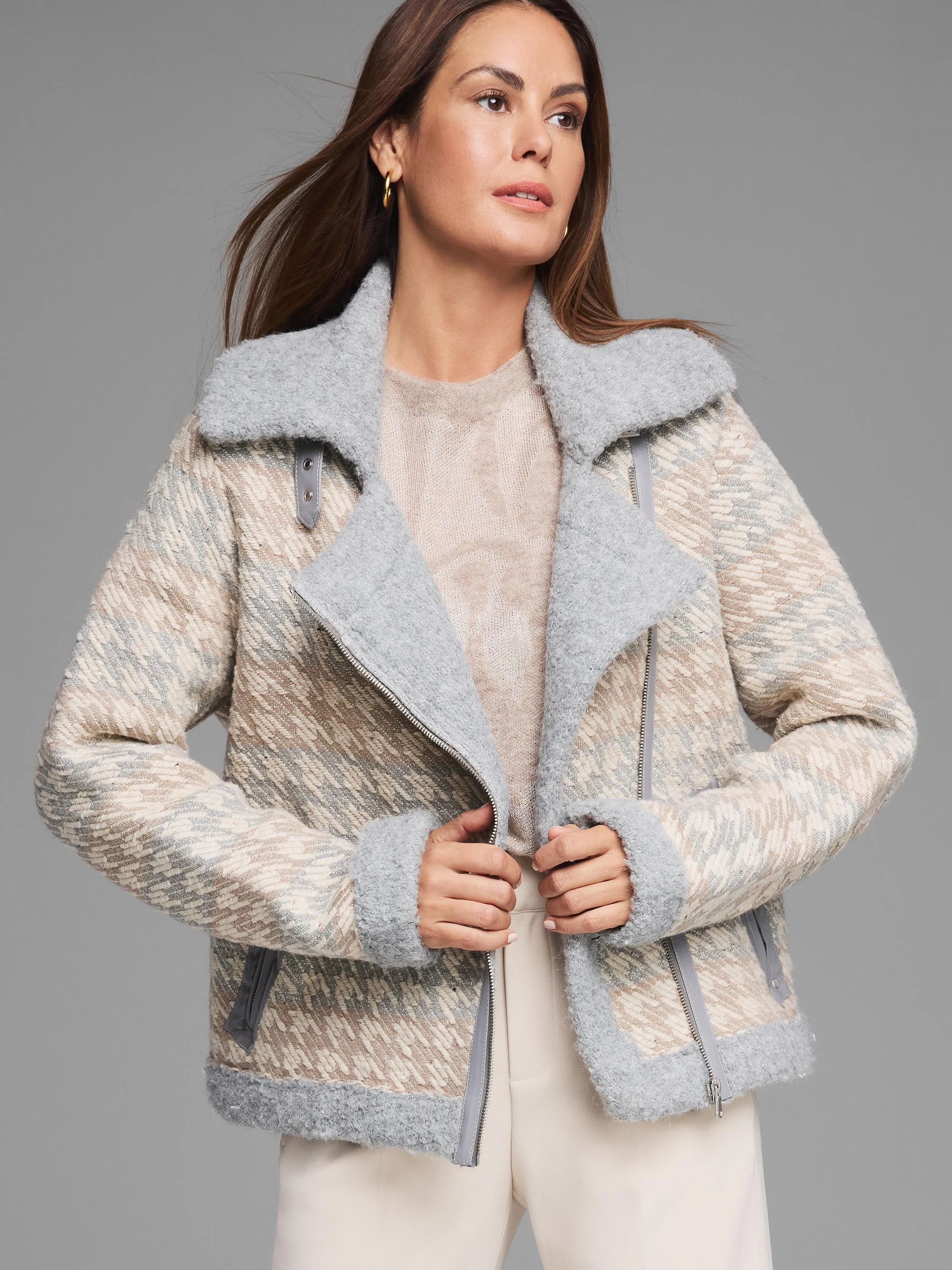 Textured knit jacket, cream, tan, & light grey houndstooth pattern. Grey moto collar, cuffs, and asymmetrical zipper.