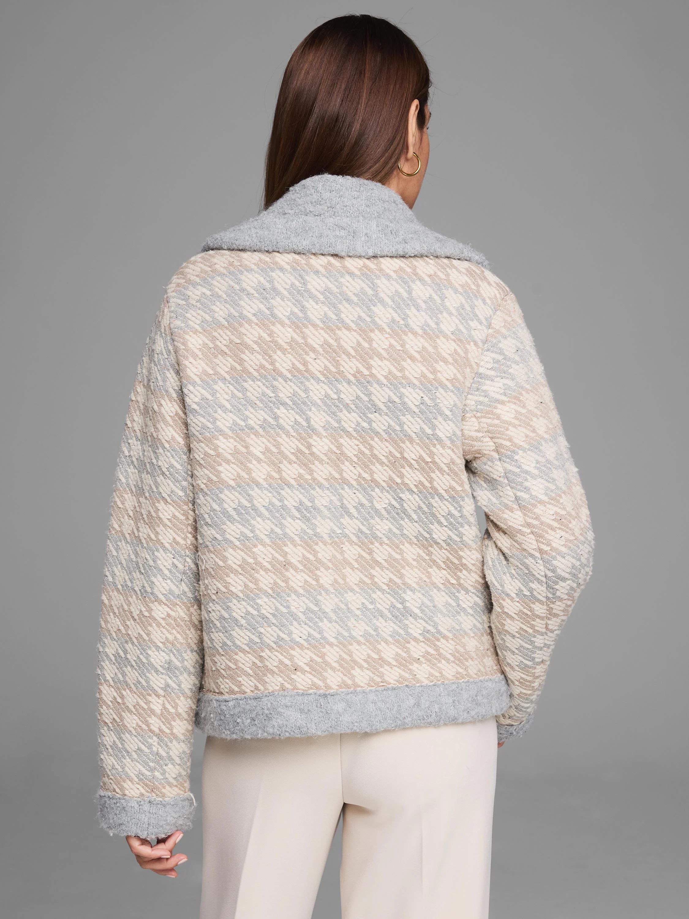 Knit jacket with cream, beige, & light gray houndstooth pattern. Features a textured medium gray collar & cuffs.