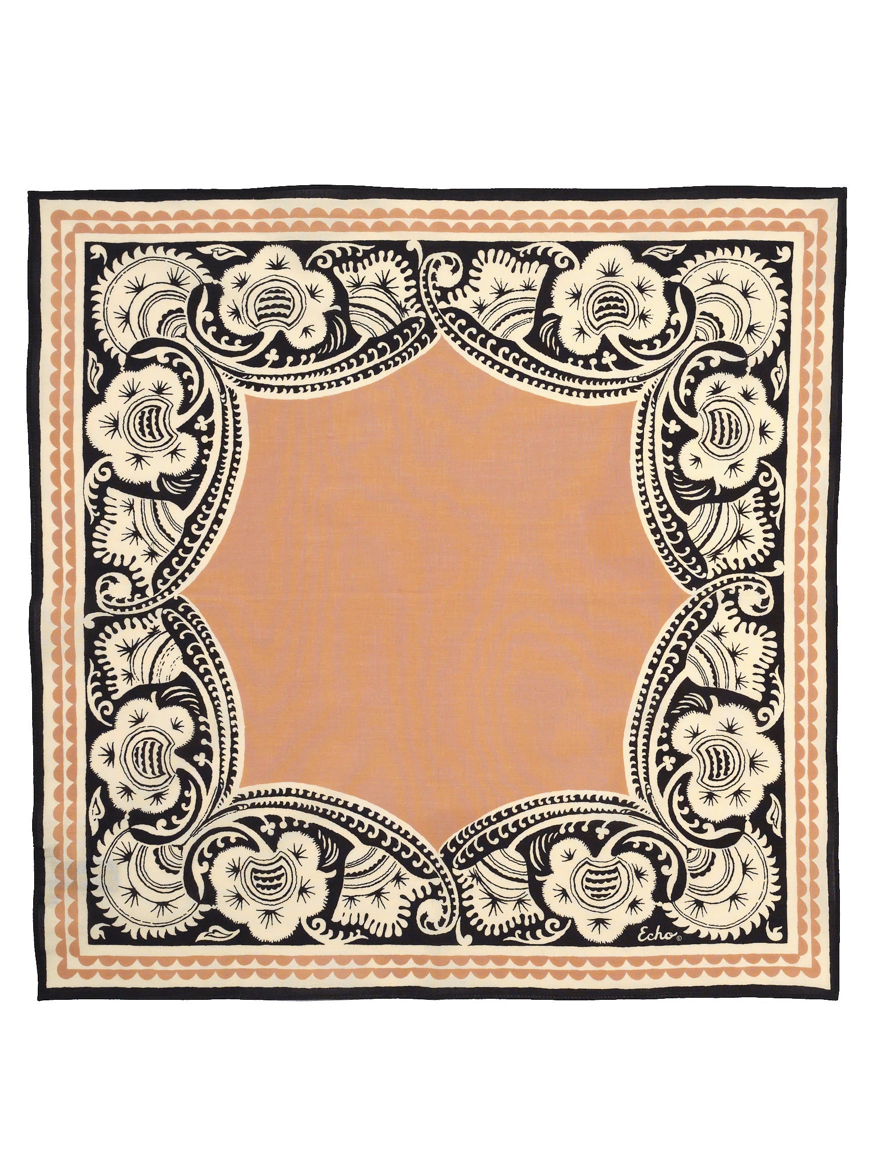 Square bandana: peach center, framed by intricate black, cream, and peach floral-scrollwork borders.