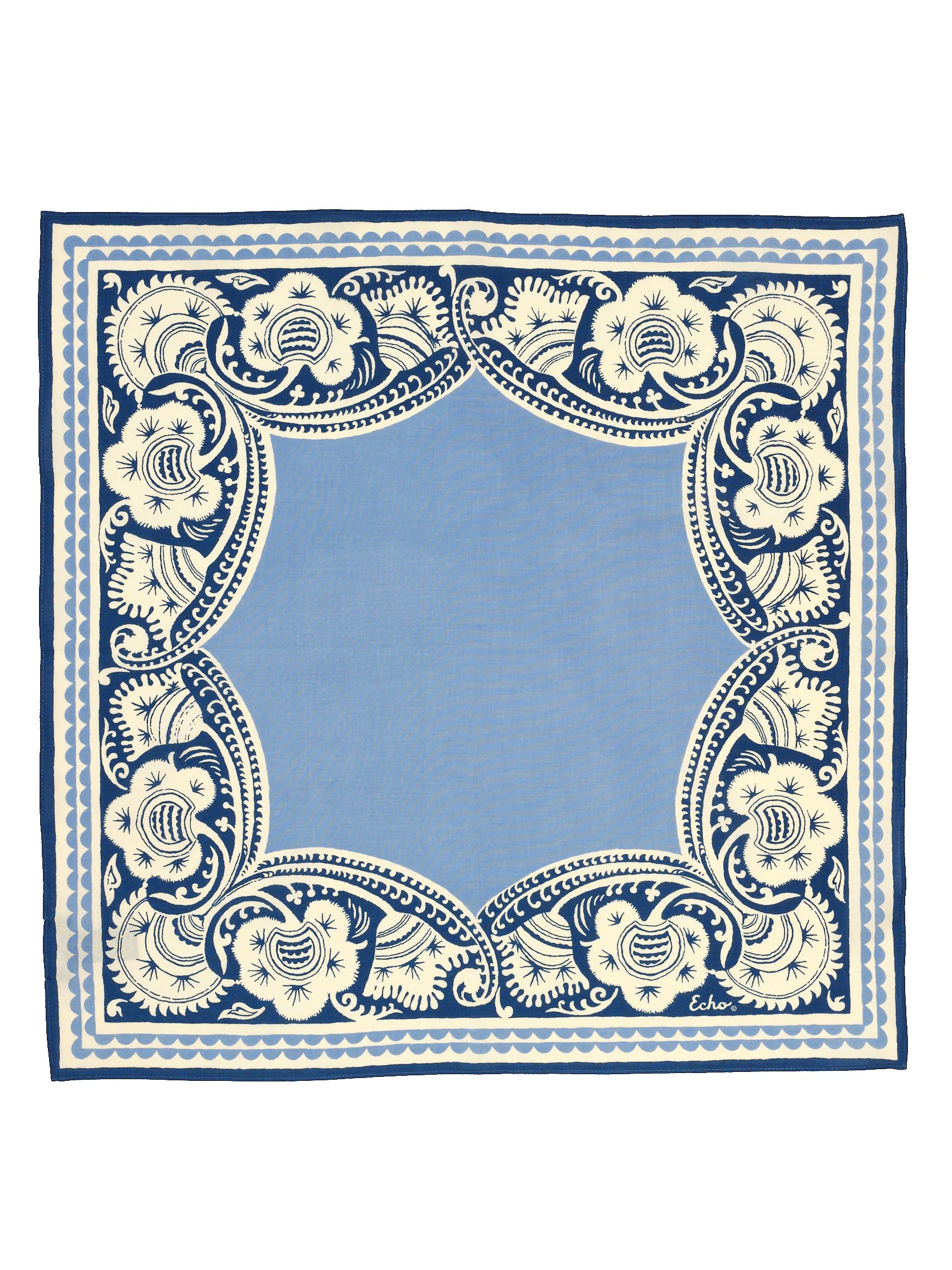 Square bandana. Sky blue center with a detailed navy blue & cream floral border.