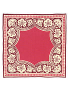 Fuchsia bandana with cream & maroon ornate floral border and red scalloped trim.