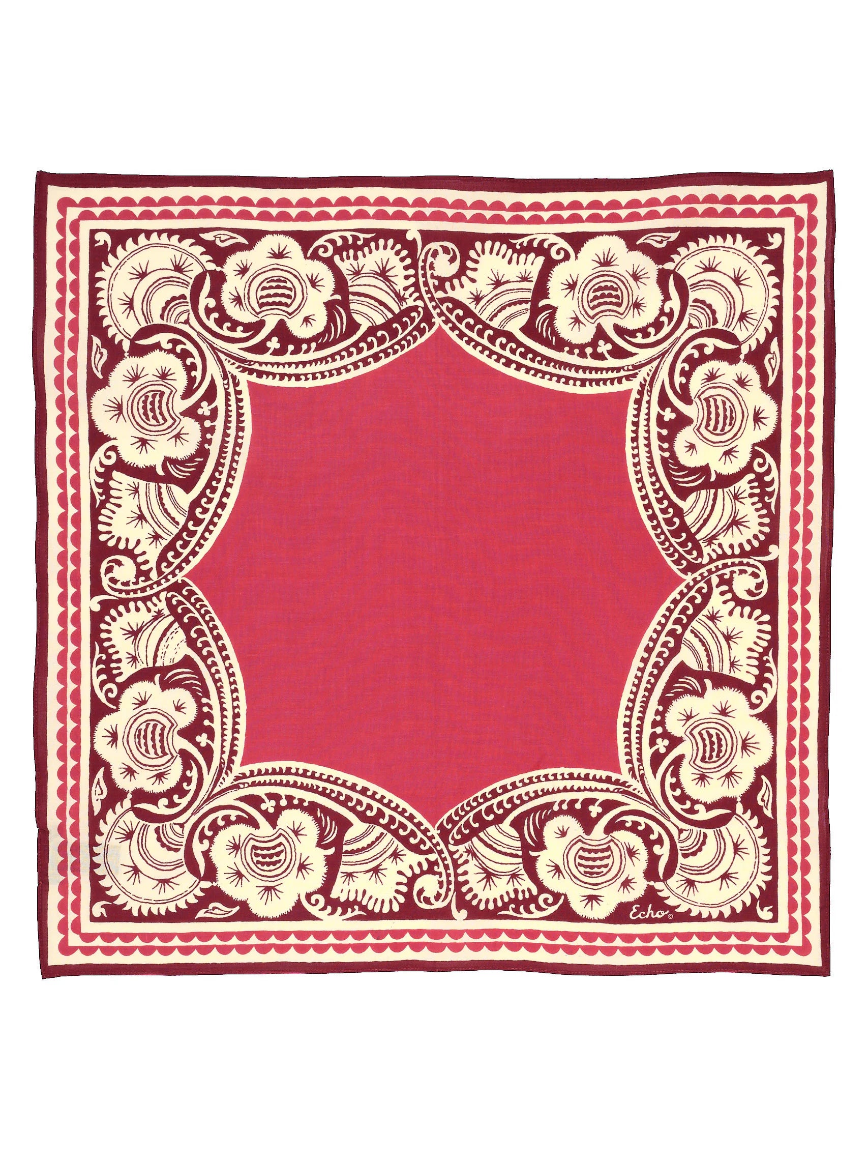 Fuchsia bandana with cream & maroon ornate floral border and red scalloped trim.