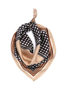 Knotted dark brown silk bandana with white polka dots and tan, brown striped borders.