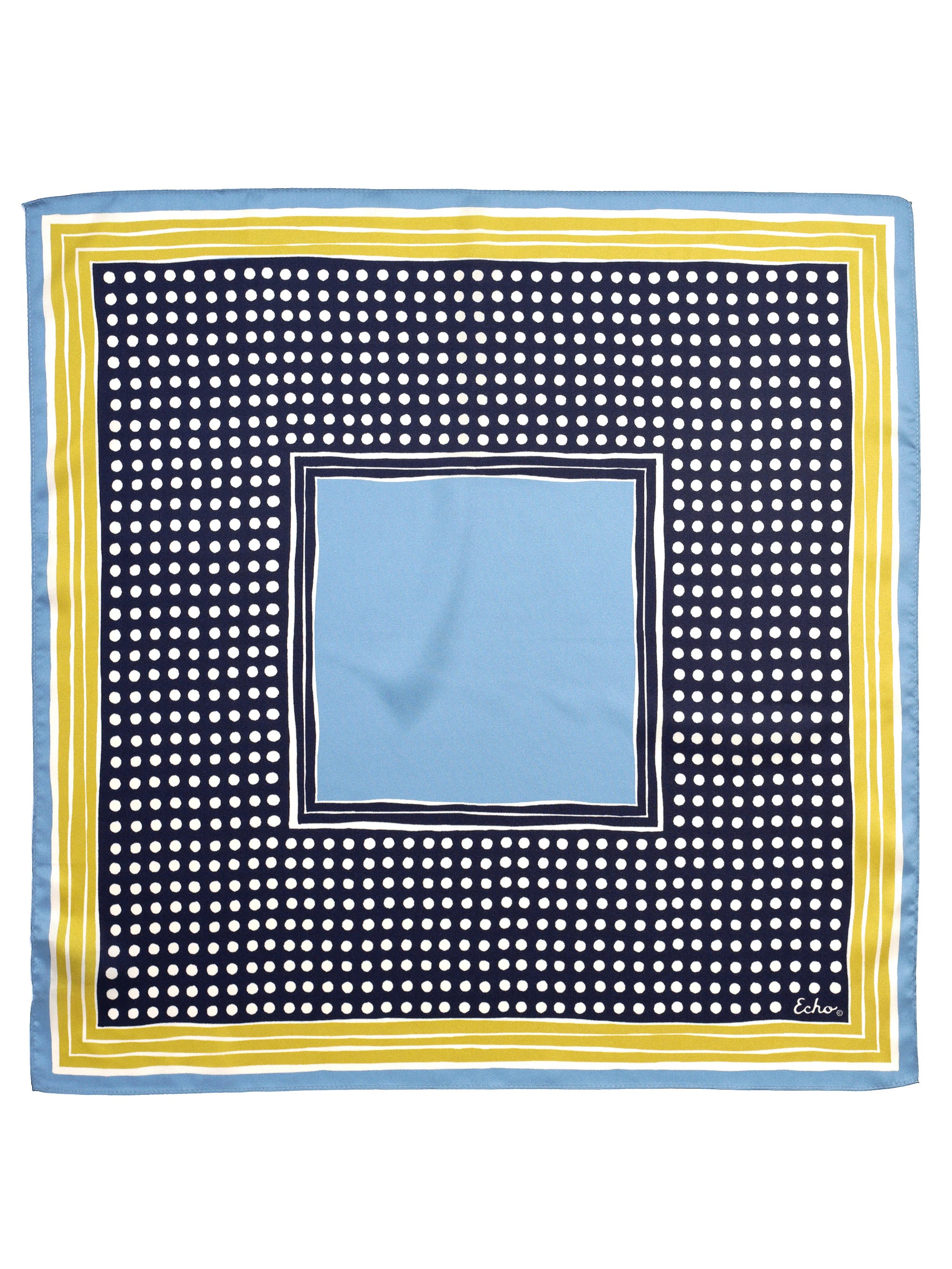 Square bandana: light blue center, navy/white polka dot field, bordered by white, yellow, & light blue stripes.
