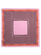 Square bandana: white polka dots on burgundy, framed by pink, red-orange & white stripes, with a solid pink center.