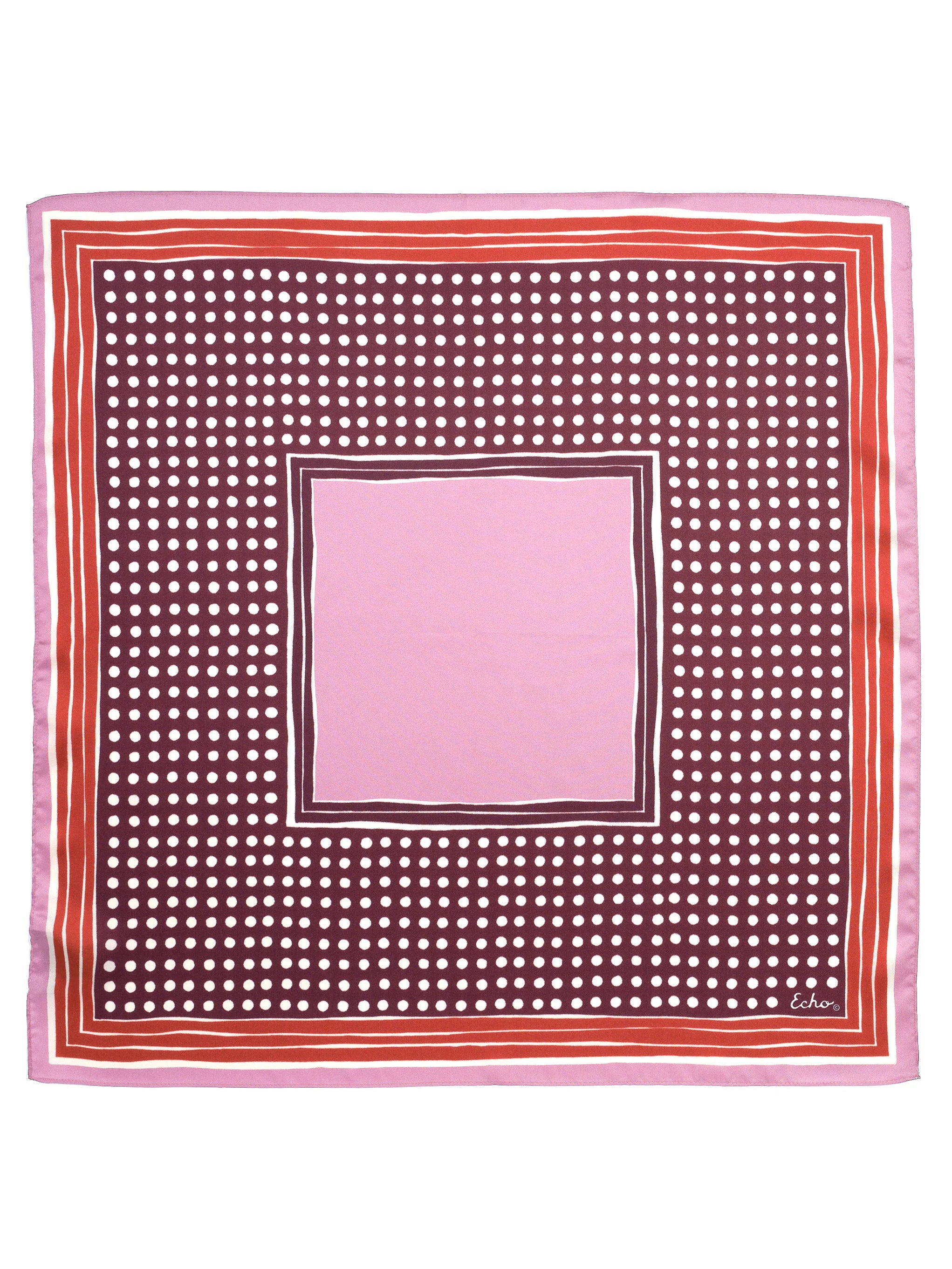 Square bandana: white polka dots on burgundy, framed by pink, red-orange & white stripes, with a solid pink center.