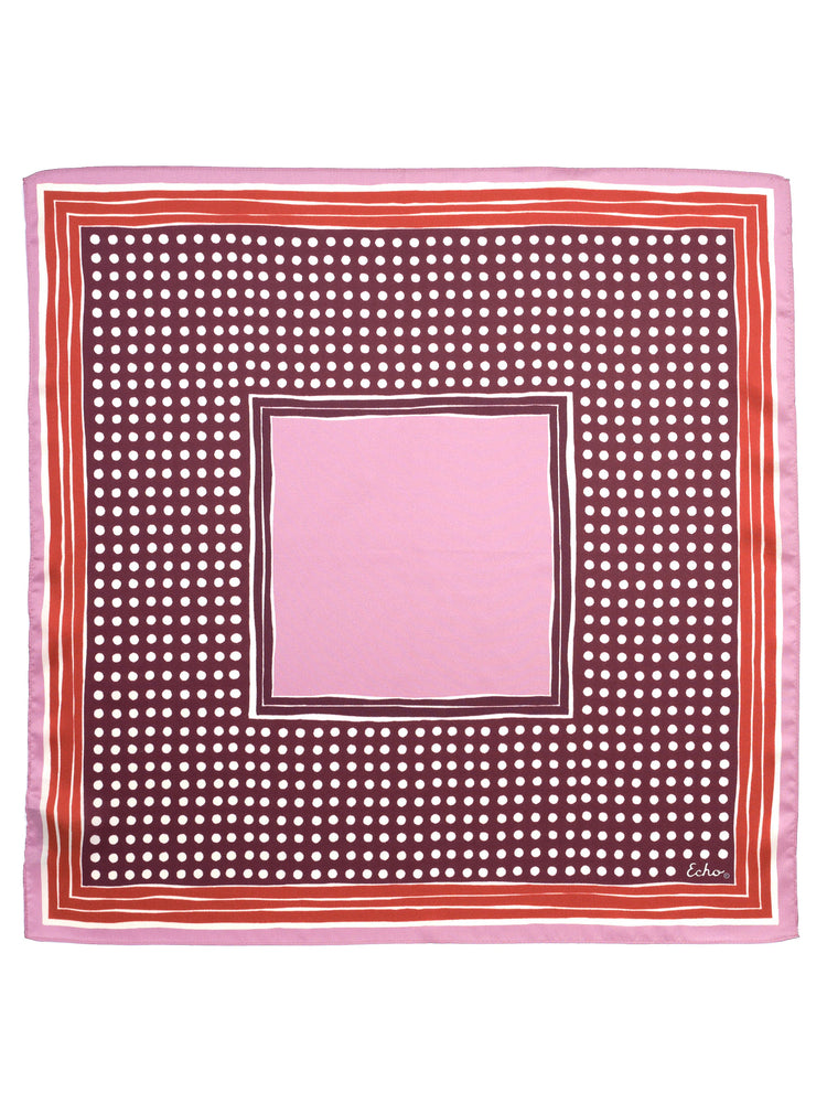 Square bandana: white polka dots on burgundy, framed by pink, red-orange & white stripes, with a solid pink center.