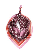 Burgundy bandana with white polka dots, pink, orange-red, and white striped border, tied at top.