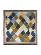 Square silk scarf with a harlequin pattern of muted navy, greens, rust, gold, cream, and blue. Features a taupe and navy...