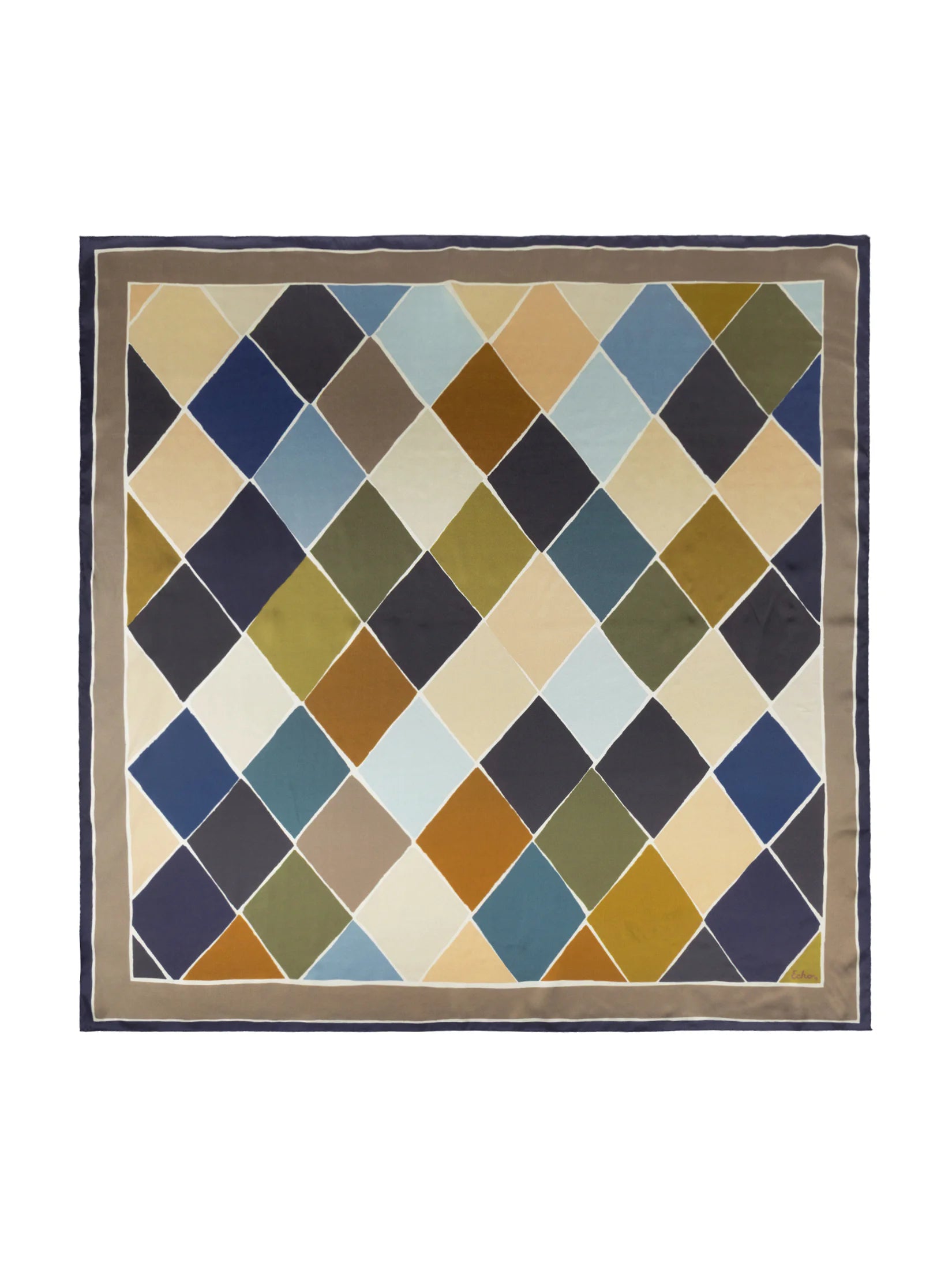 Square silk scarf with a harlequin pattern of muted navy, greens, rust, gold, cream, and blue. Features a taupe and navy...