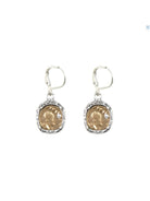 Pair of gold coin earrings; silver-tone textured frames; small clear stones.